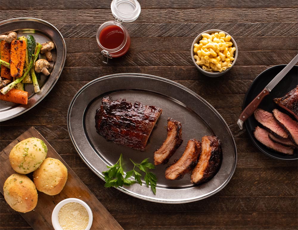Overhead view of Rattler's BBQ and sides